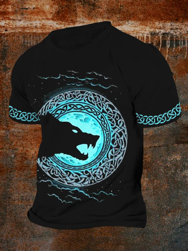 BrosWear Men's Viking Celtic Wolf Fenrir Graphic Round Neck T Shirt