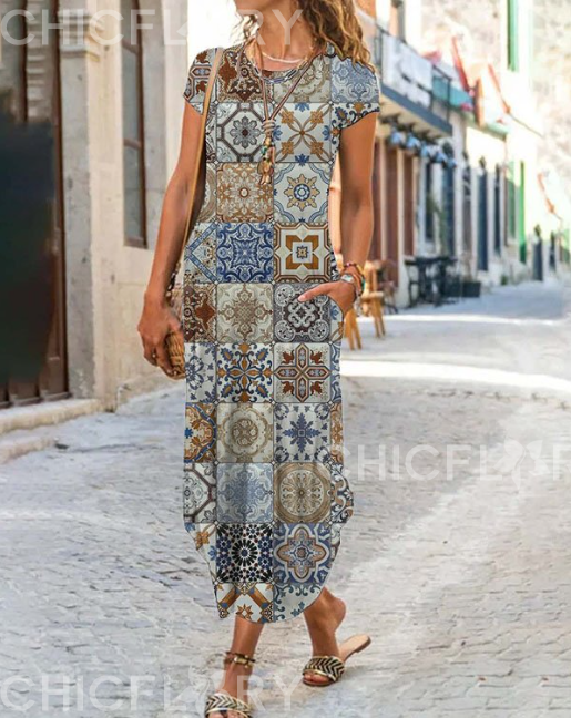 Casual Vintage Geometry Print Holiday Midi Dress