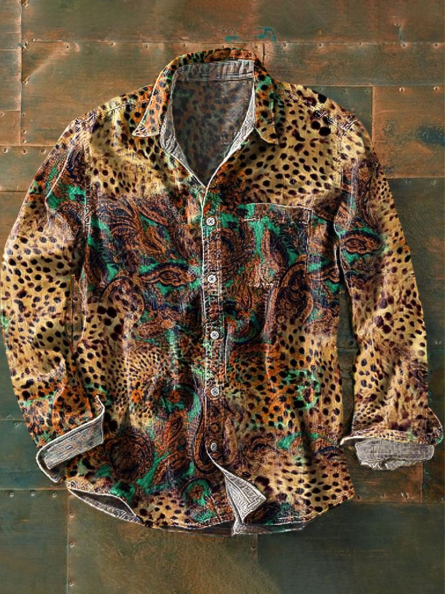 Men's Vintage Abstract Leopard Line Art Print Long Sleeve Pocket Shirt