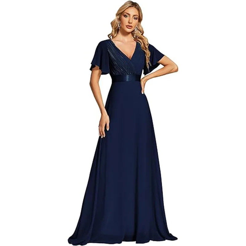 Uveng Uveng Sales Of Large Swing V-Neck Dress Chiffon Elastic Banquet Festival Annual Bridesmaid Performance Evening Dress Woman