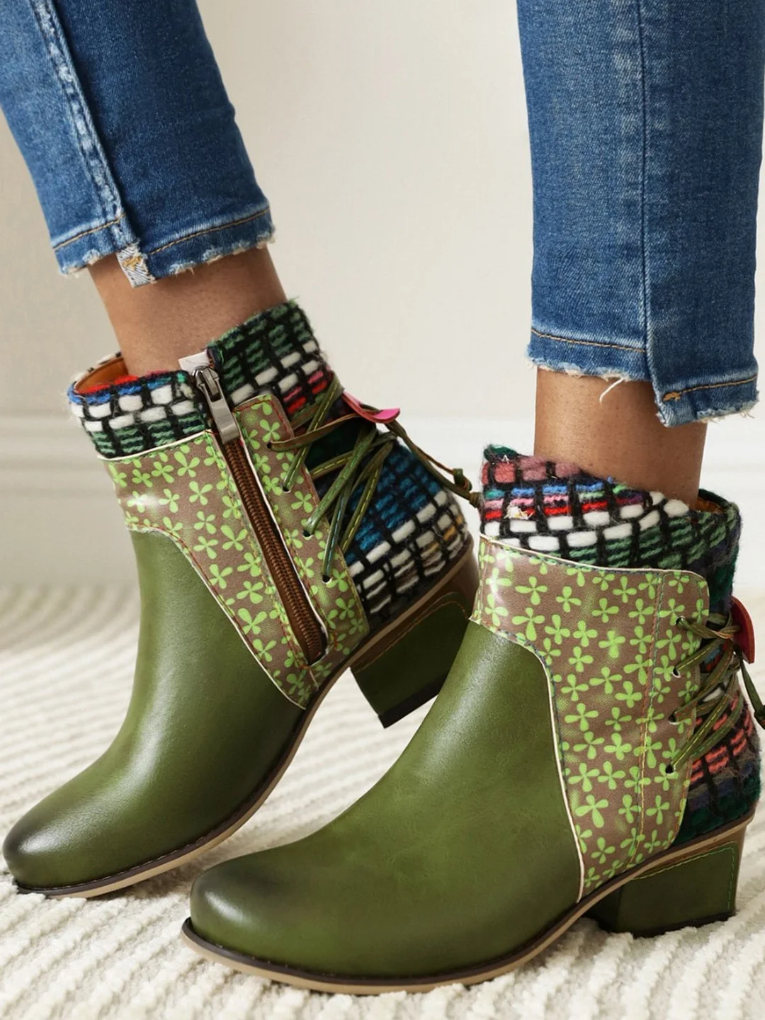 Retro Ethnic Style Stitching Pointed Toe Chunky Heel Boots | IFYHOME