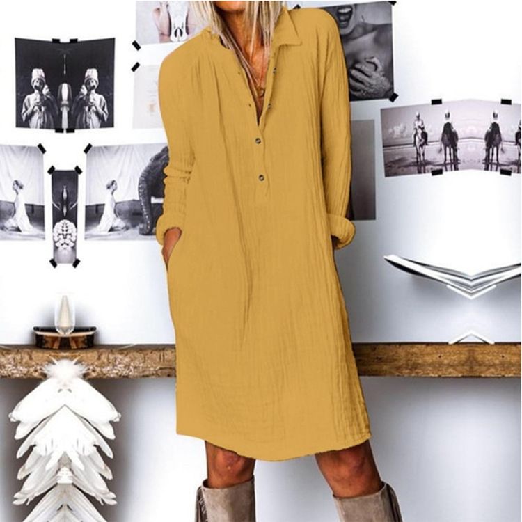 Pure Color Cotton and Linen Long-sleeved Short Dress Woman's Dress-vocosishoes