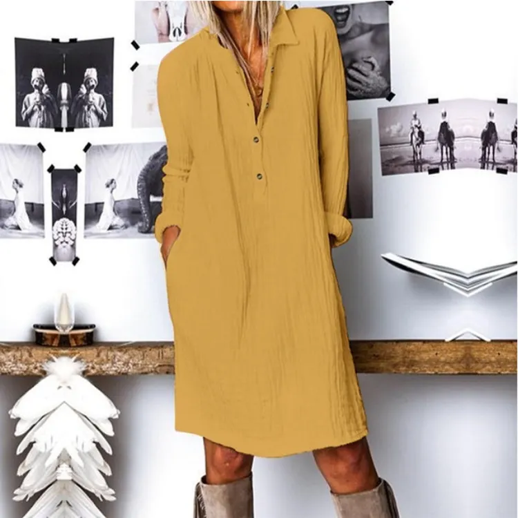 Pure Color Cotton and Linen Long-sleeved Short Dress Woman's Dress-vocosishoes