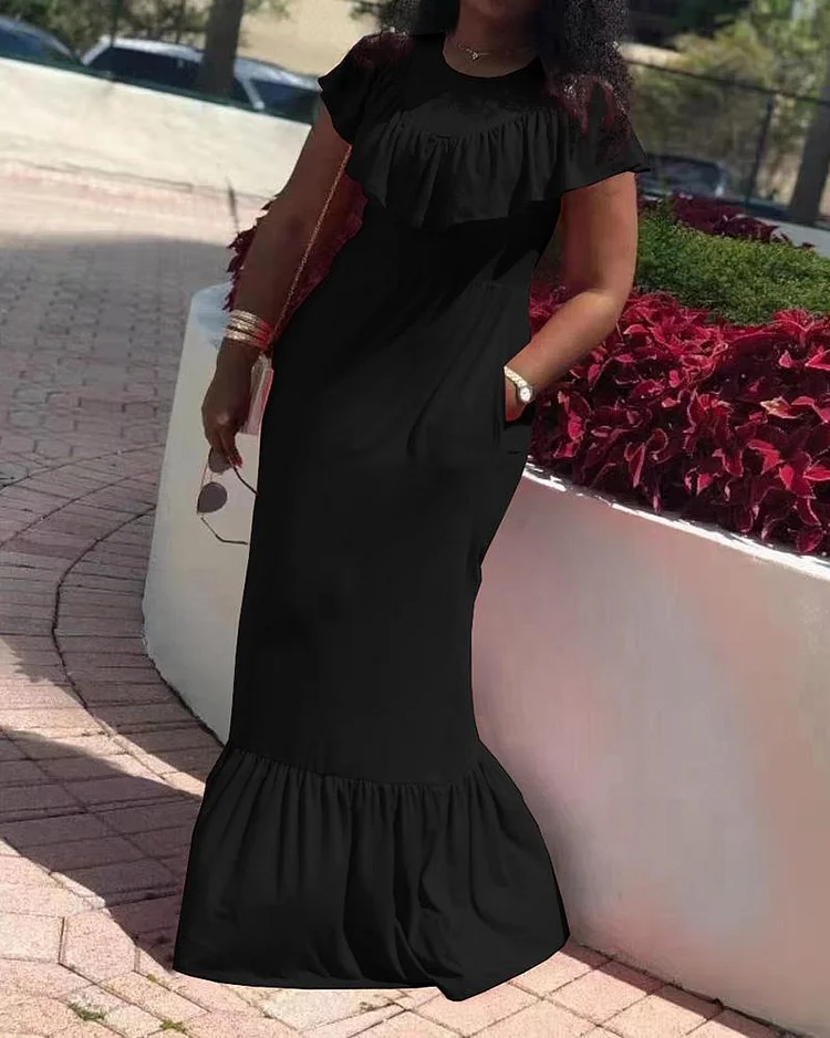 Solid Color Ruffled Fashion Slim Dress