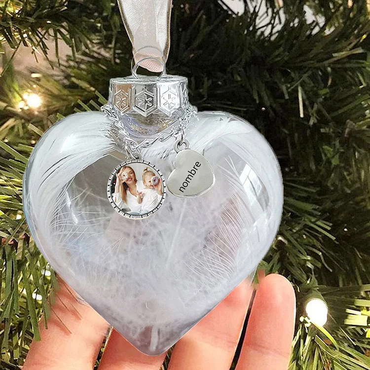 Bola navideña Adorno de Navidad 1 nombre y 1 foto personalizados en forma de corazón con pluma 