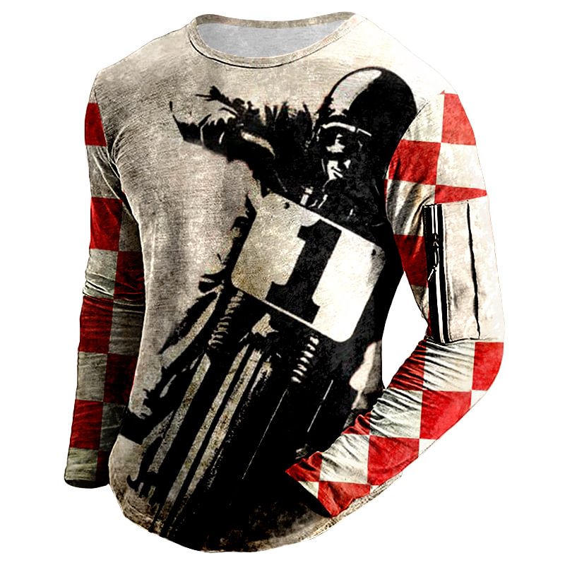 Men's outdoor motorcycle stitching checkerboard printing long-sleeved T-shirt / [viawink] /
