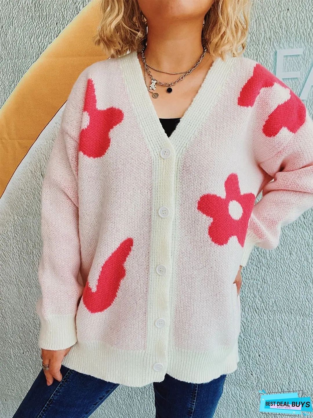 Flower Button Down V-Neck Long Sleeve Cardigan