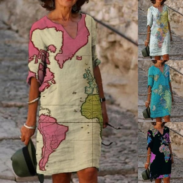 Women's Fashion Loose Casual Floral Print V Neck Sleeve Map Printing Summer Dress - Chicaggo