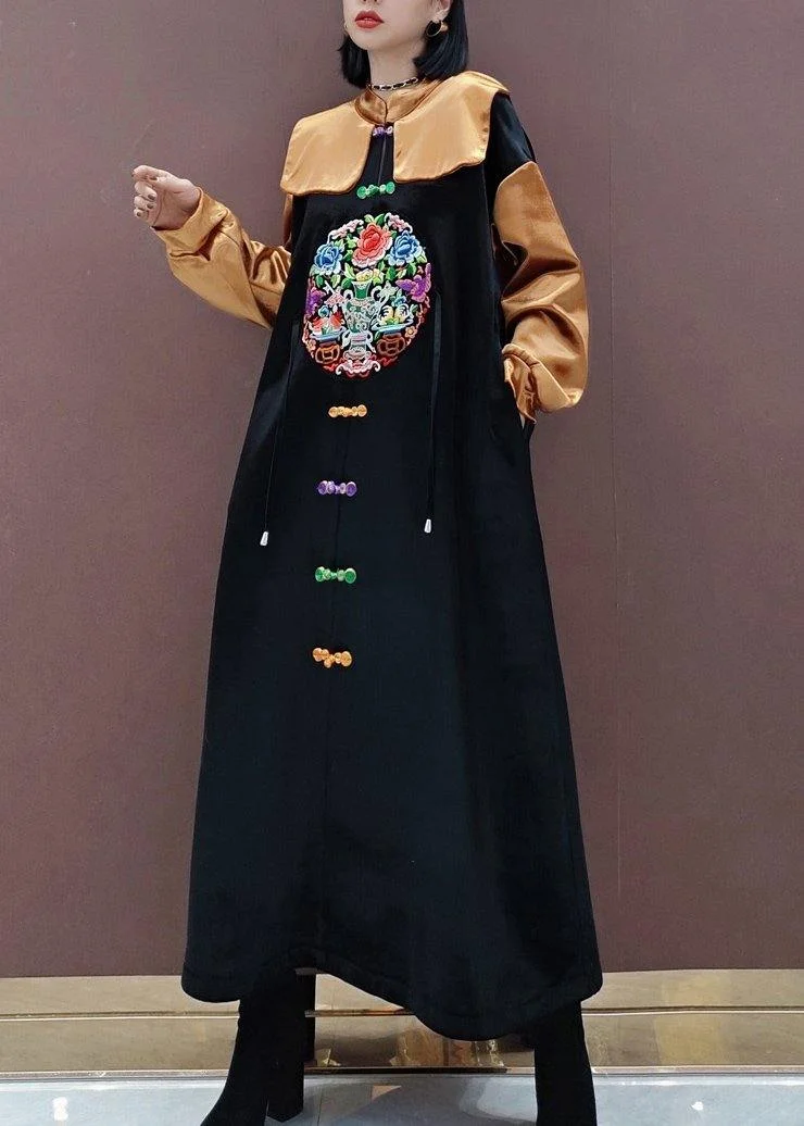 French Black Embroidery Tunic Stand Collar Patchwork Plus Size Spring Dresses