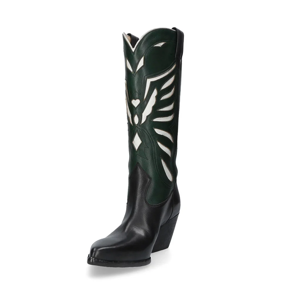 Black & Green Pointed Toe Decorative Inlay Stitching Cowgirl Boots