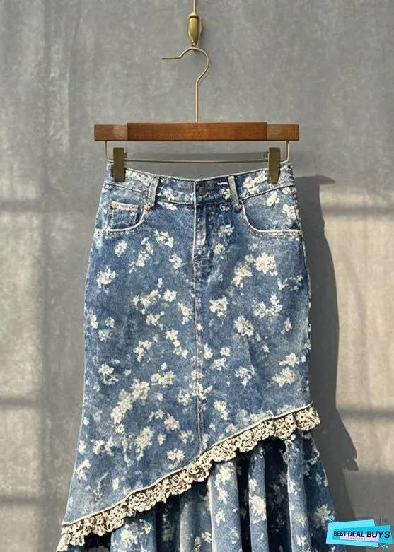 Silm Fit Blue Print Patchwork Denim Wraped Skirt Fall
