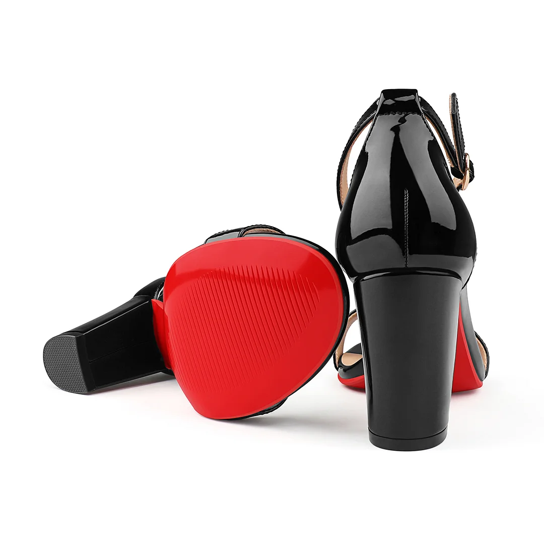 90mm Women's Chunky Heel Sandals Red Bottom High Heels Open Toe Ankle Strap Shoes-MERUMOTE