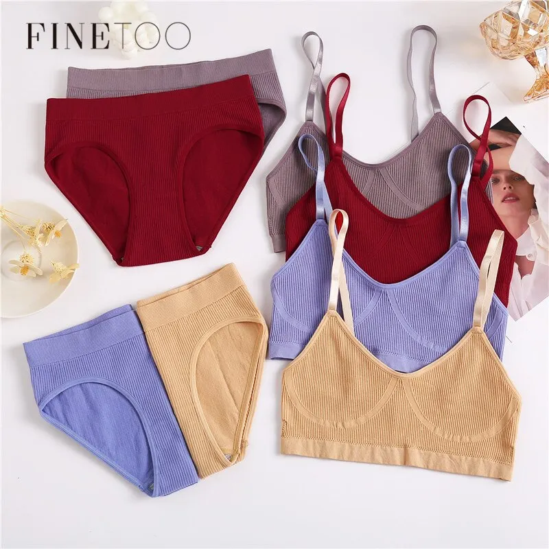 FINETOO Sexy Women Bra Panties Set Sports Bra Seamless Underwear Stretch Brief Panty Bralette Crop Top Fitness Girl Lingerie Set