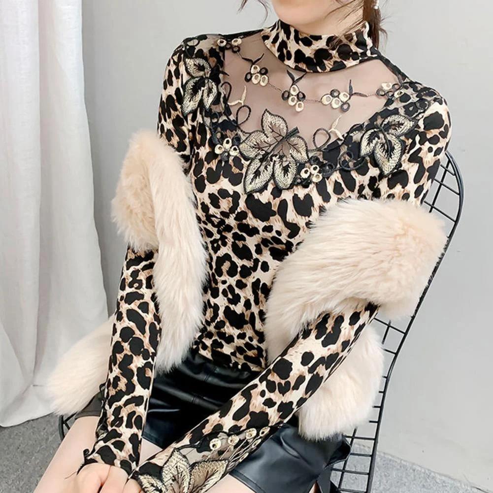 Spring Autumn Sexy Lace Women Shirts Long Sleeve Leopard Print Leaf Embroidery Sheer Basic Blouse Casual Shirts Women's Apparel