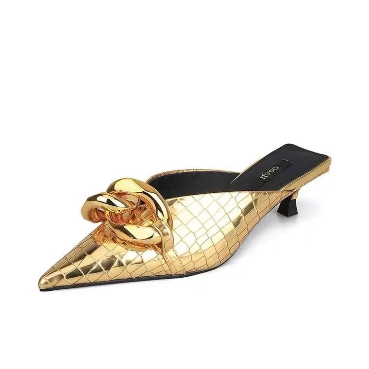 Qengg Pointed Toe Patent Leather Low Heel Slippers Pumps Women Baotou Fashion Spring Soft Leather Ladies Kitten Muller Shoes