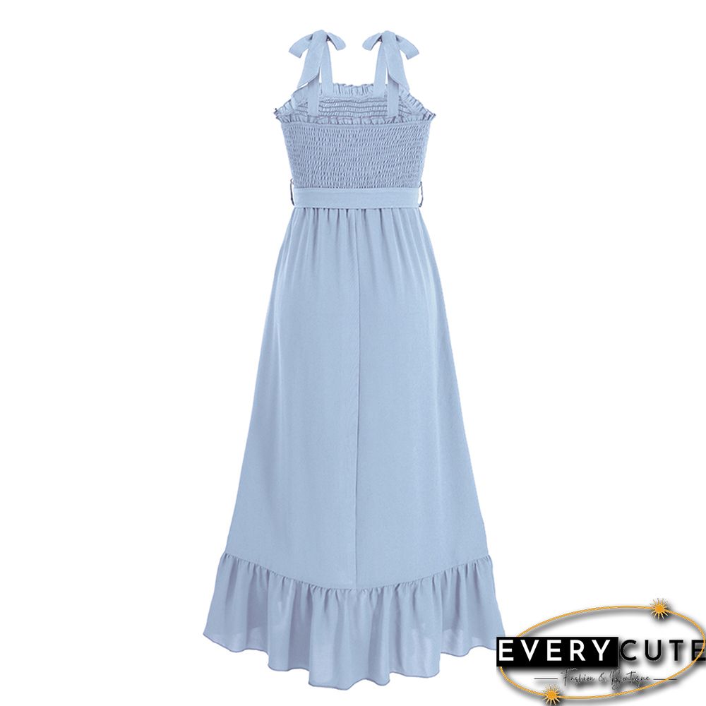 Light Blue Bow Knot Straps Irregular Slit Maxi Dress