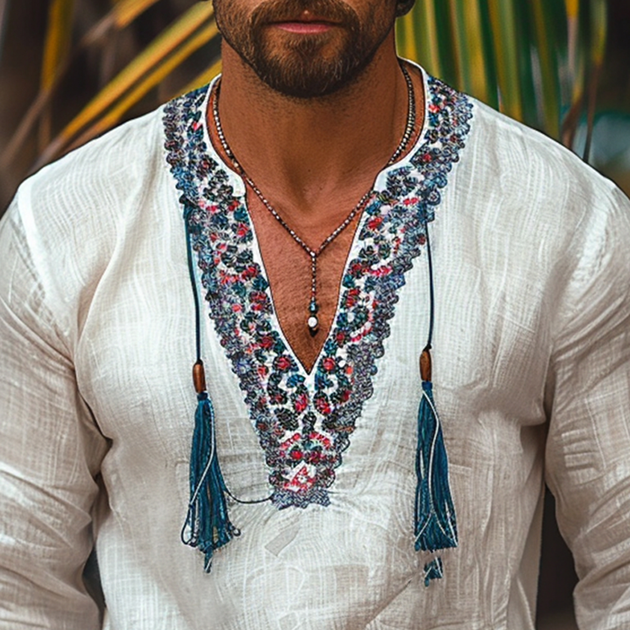 Men's Holiday Ethnic Style Linen Tassel Shirt