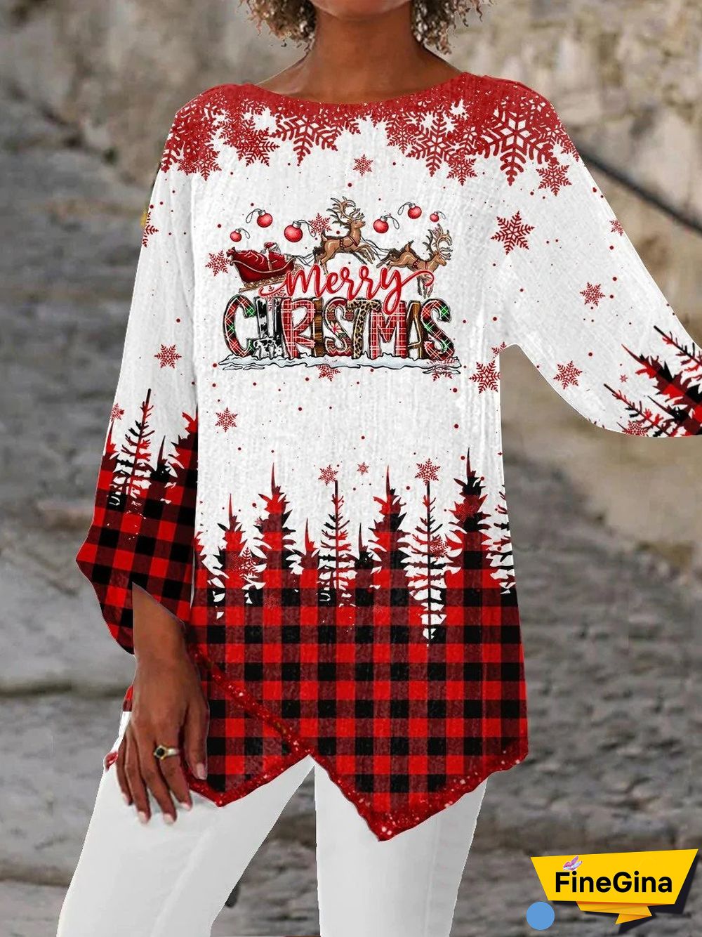 Women Asymmetrical 3/4 Sleeve Scoop Neck Printed Plaid Christmas Tops
