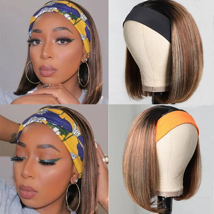 60% OFF Honey Blonde Highlight Short BOB Headband Wigs 150% Density None Lace Front Wigs | Code：WT60