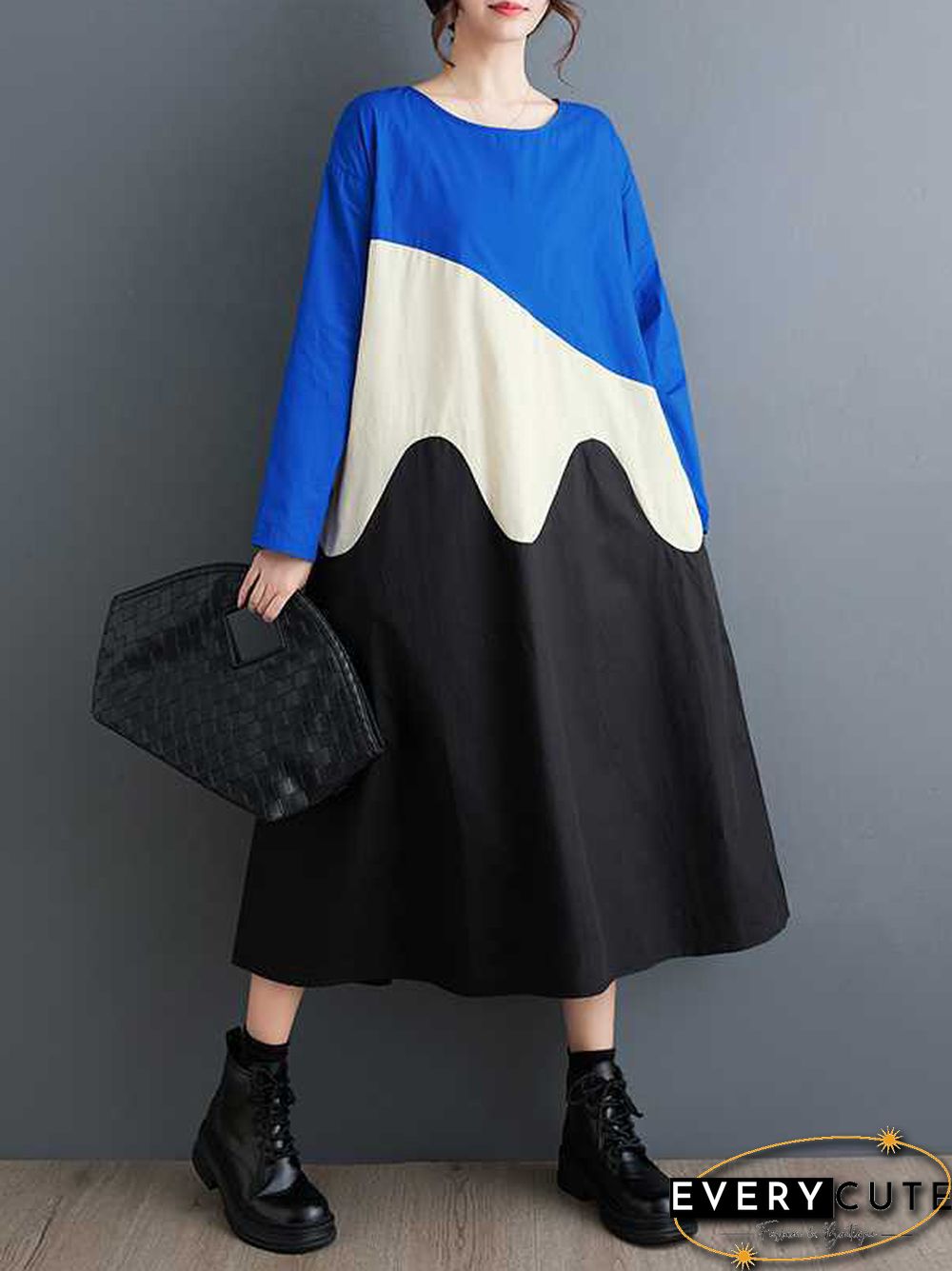 A-Line Long Sleeves Contrast Color Round-Neck Midi Dresses