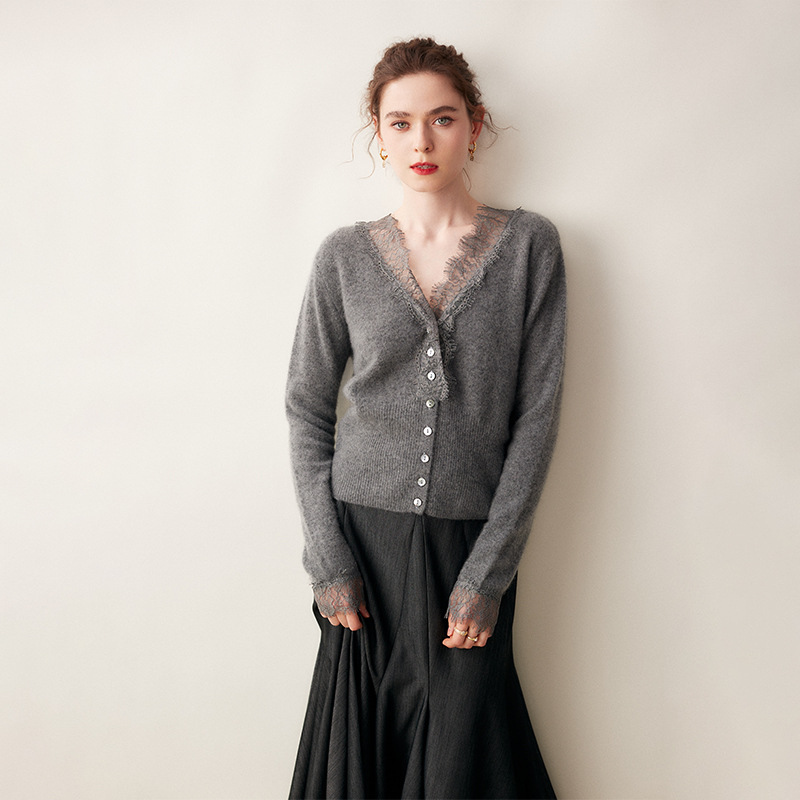 Lace Trimmed Cashmere Cardigan REAL SILK LIFE