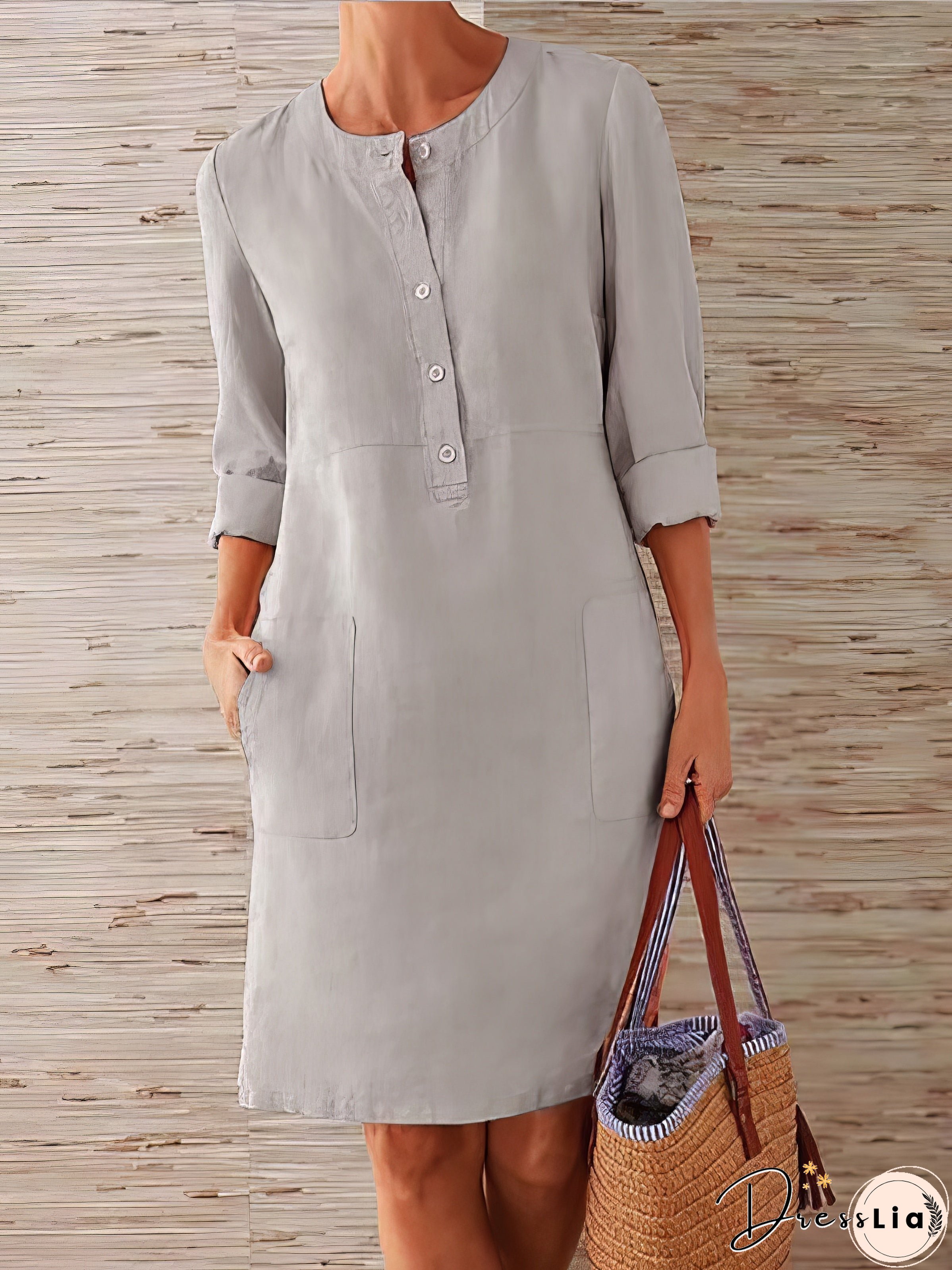Cotton Linen Temperament Round Neck Long Sleeve Mini Dress