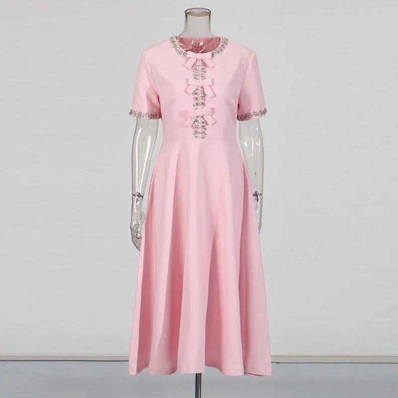 Zingj Dress Spring And Autumn Premium Sense 2025 New Diamond Round-Neck Collage Bow Fashion Design Feeling Waist Long Dress