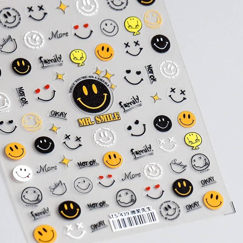 1 Sheet 5D High Quality Ultra-Thin Adhesive Smiley Nail Art Stickers Spring and Summer Cute Smile DIY Manicure Decal Decoration