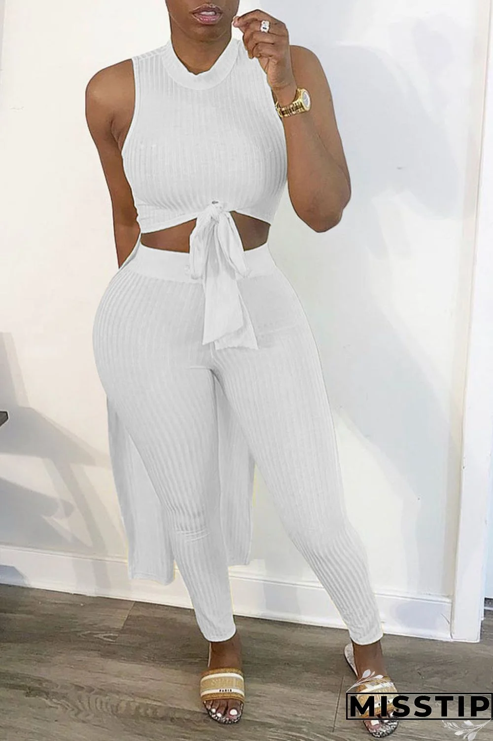 White Sexy Solid Asymmetrical O Neck Sleeveless Two Pieces
