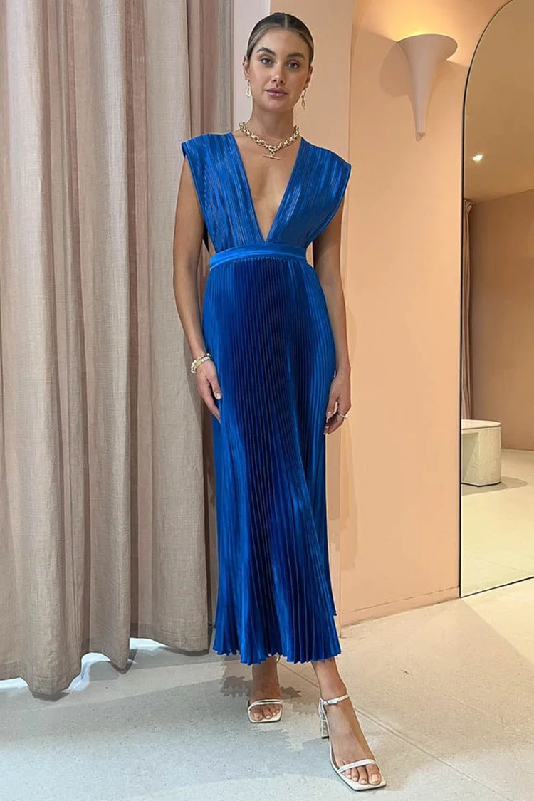 Deep V Neck Pleated Backless Formal Cocktail Party Midi Dresses