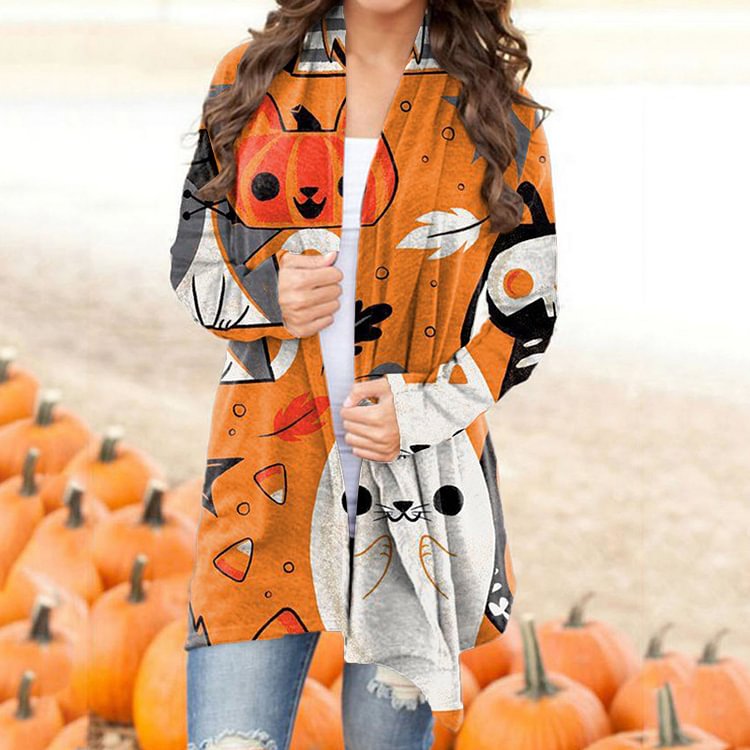 Cartoon Style Pumpkin And Ghost Pattern Women Casual Cardigan Coat