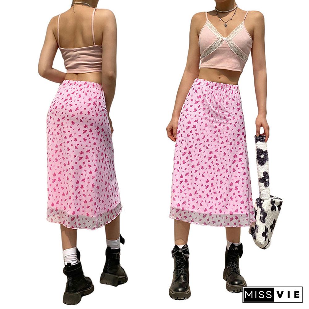 Women Summer Midi Skirts Boho Y2K Stylish Package Hip Bottoms Ladies High Waist Floral Skirt E-girl Harajuku Streetwear