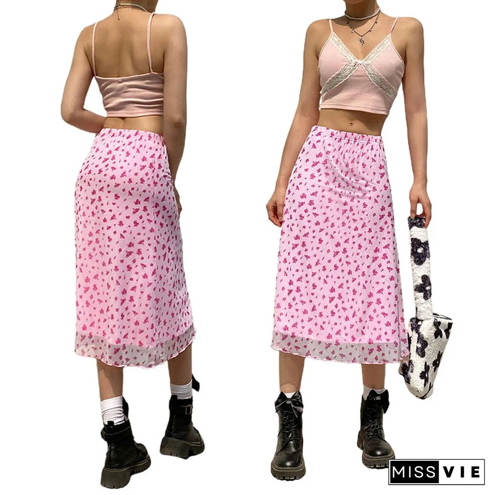 Women Summer Midi Skirts Boho Y2K Stylish Package Hip Bottoms Ladies High Waist Floral Skirt E-girl Harajuku Streetwear