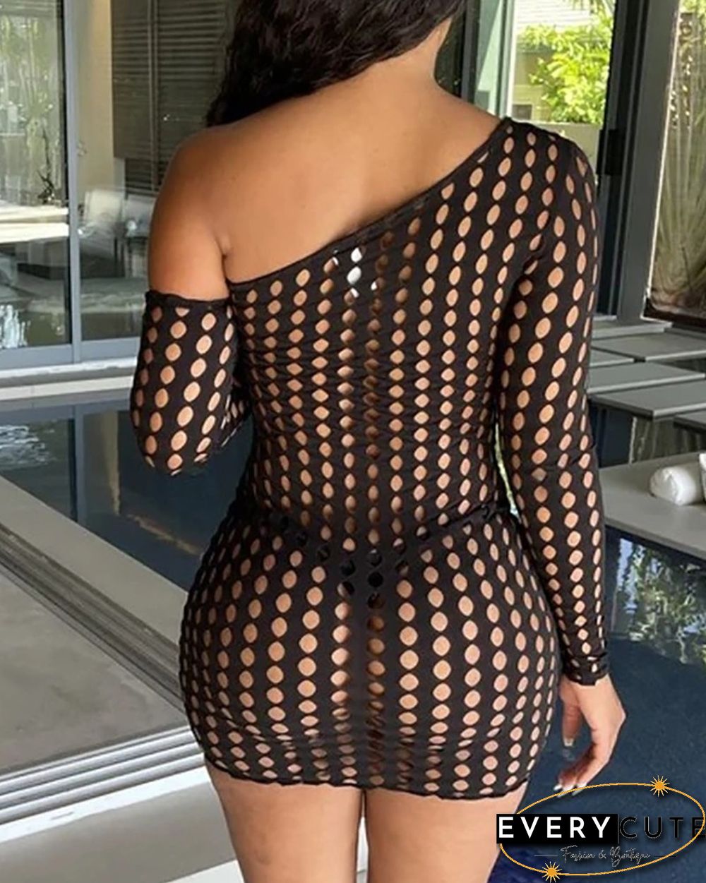 Cutout Long Sleeve One Shoulder Cover Up Dress