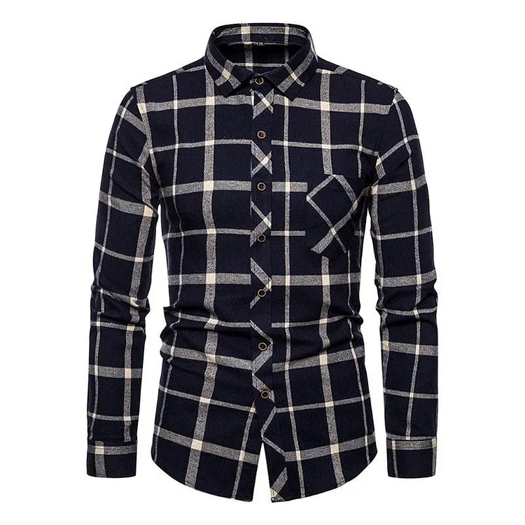 Men's Casual Plaid Lapel Long Sleeve Shirt