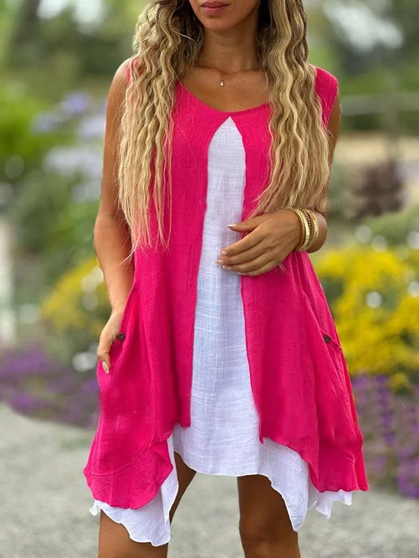 Casual women's irregular patchwork cotton and linen vest top