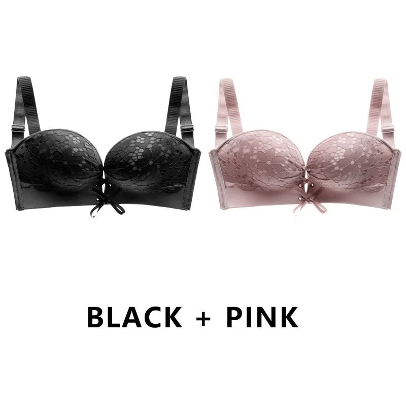 Meet'r 2 PCS/Set Sexy Women Strapless Bra Temptation Super Push Up Invisible Bralette Small Breast Lace Brassiere Lingerie Tops