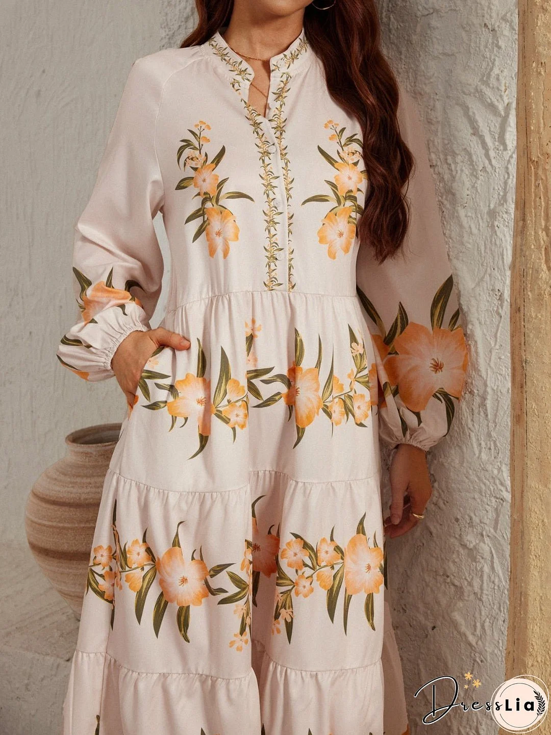 Printed Long Sleeve Midi Dress