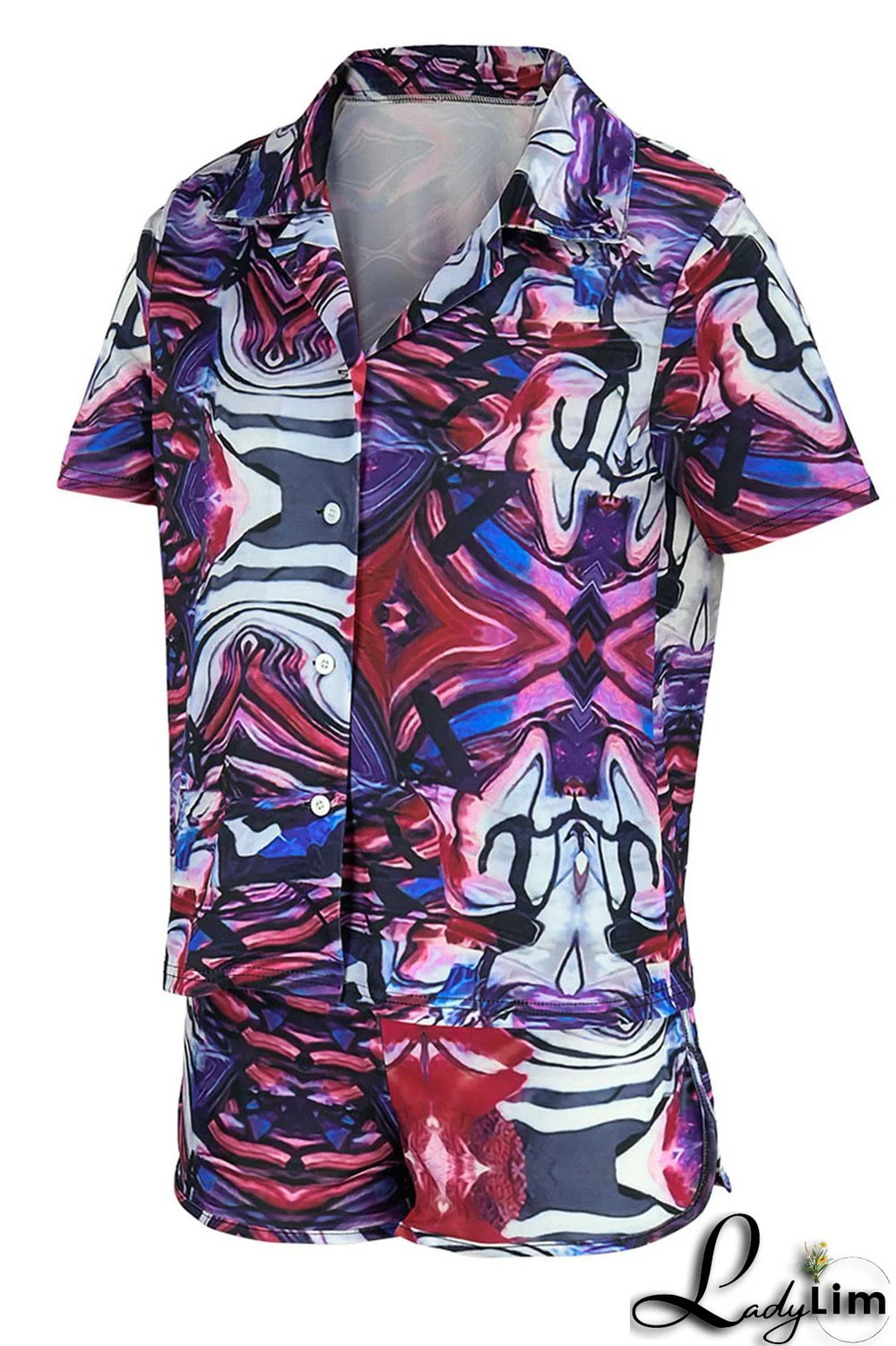 Black Gray Casual Print Patchwork Buckle Turndown Collar Short Sleeve Two Pieces