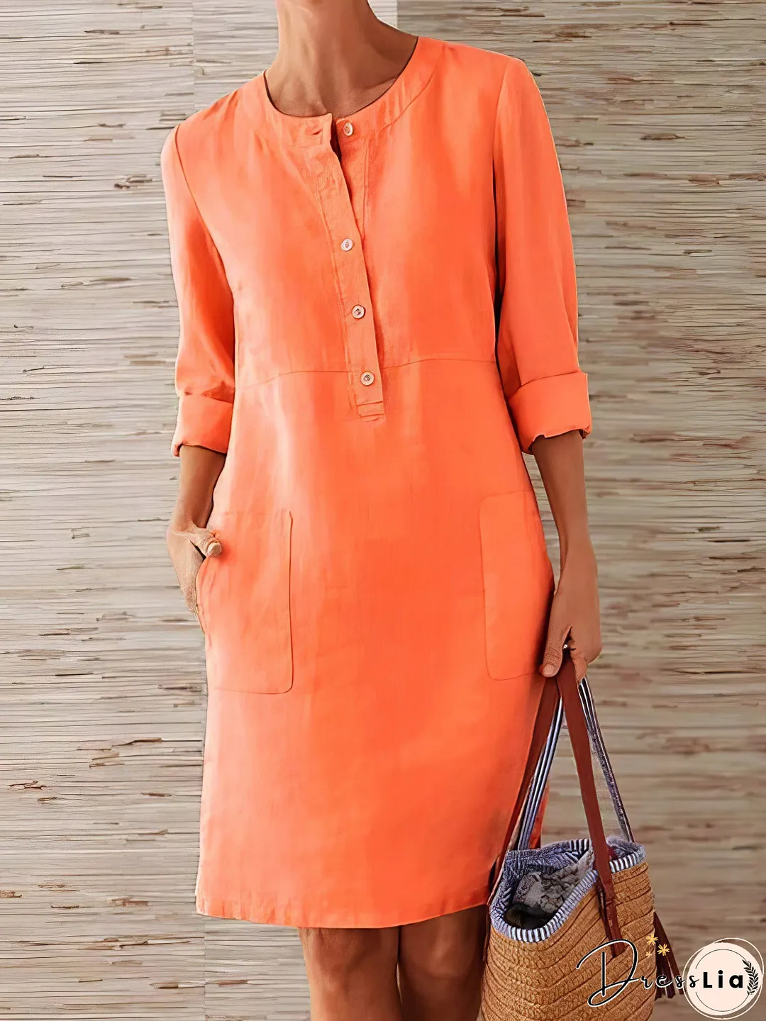 Cotton Linen Temperament Round Neck Long Sleeve Mini Dress