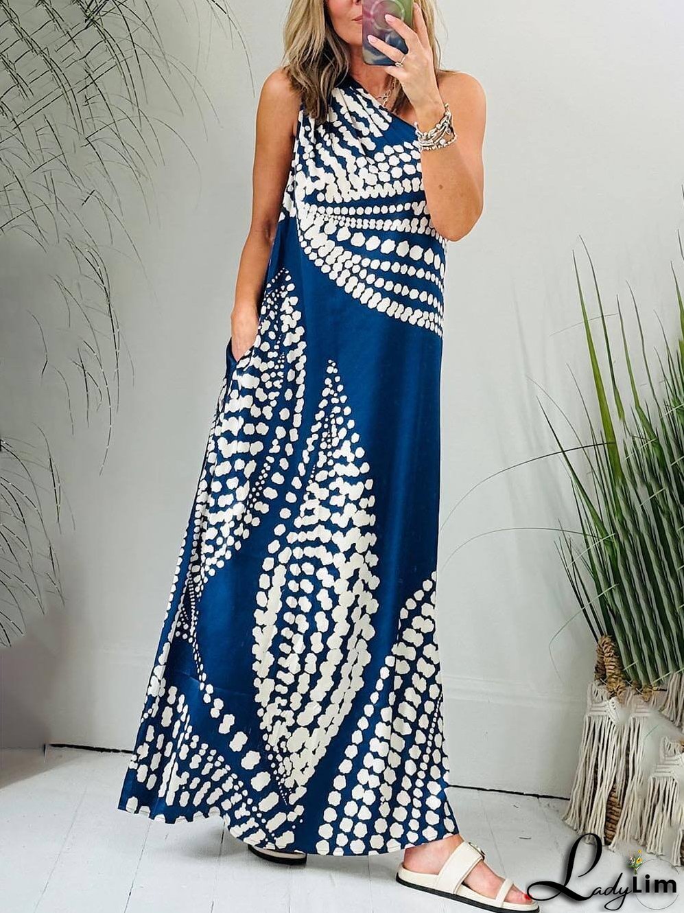 Polka Dot Print One Shoulder Pocketed Maxi kjole