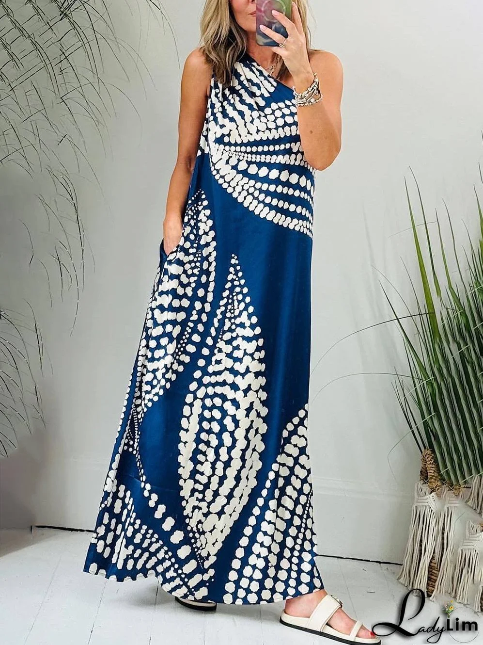 Polka Dot Print One Shoulder Pocketed Maxi kjole