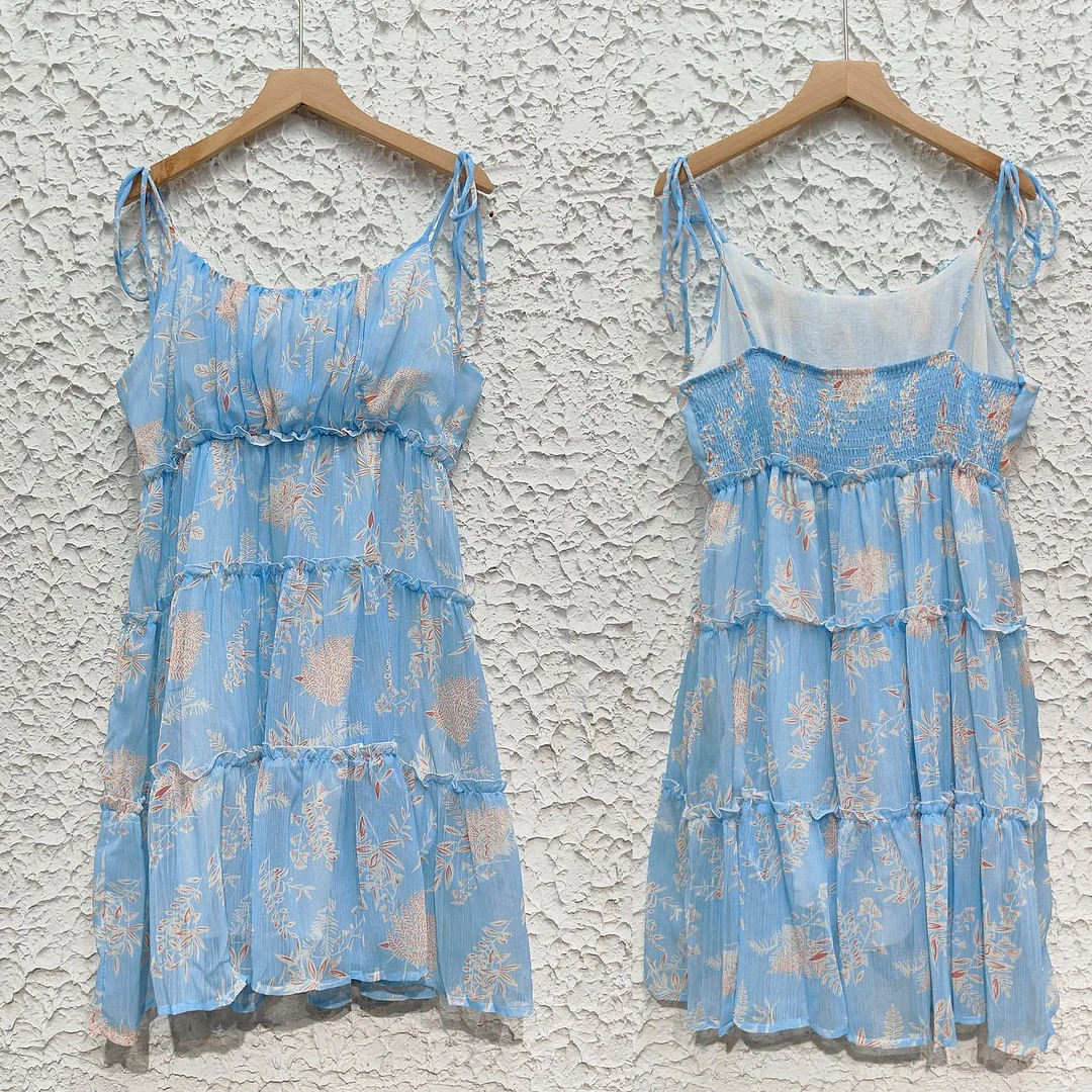 Sexy Chiffon Layer Ruffles Summer Strappy Dress Floral Print Holiday Backless Suspender Mini Dress