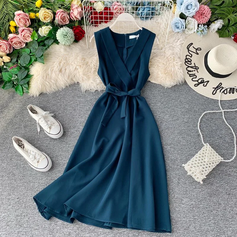 FTLZZ 2021 Slim V Neck Summer Midi Long Bandage Dress Party Tank Sundress Women Casual Elegant A-Line Tie Vestidos