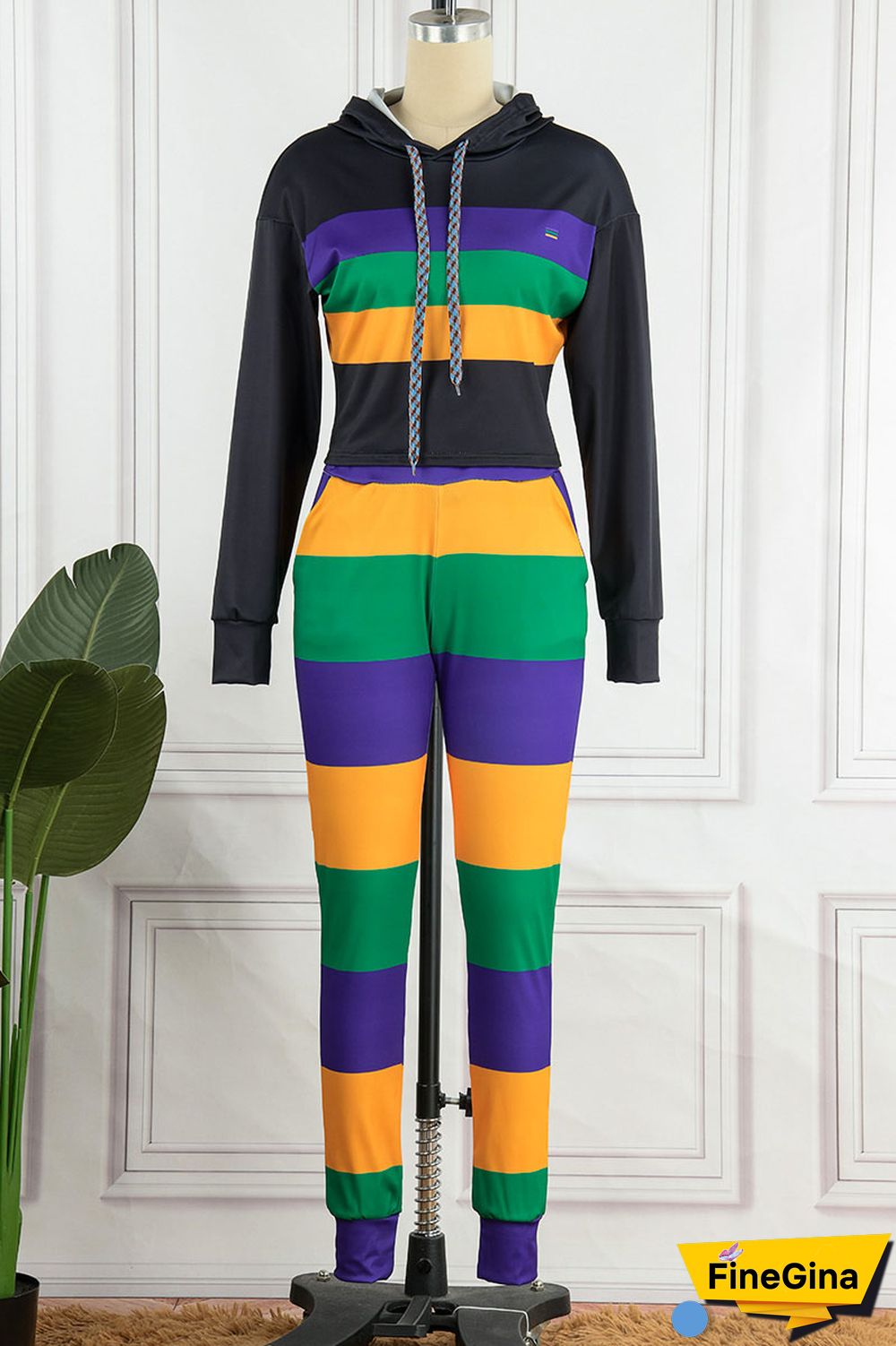 White Casual Striped Print Patchwork Hooded Collar Long Sleeve Two Pieces