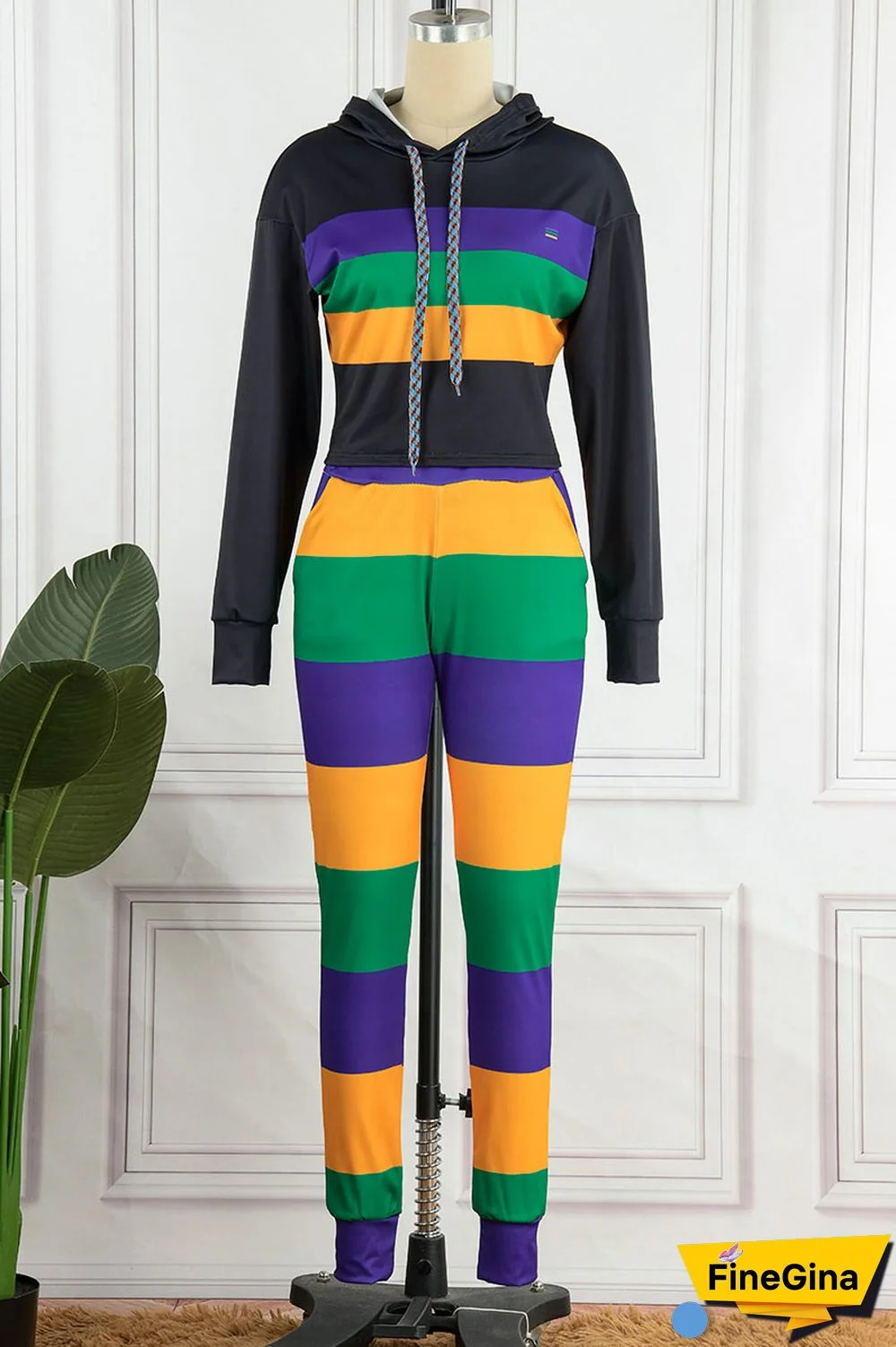 White Casual Striped Print Patchwork Hooded Collar Long Sleeve Two Pieces