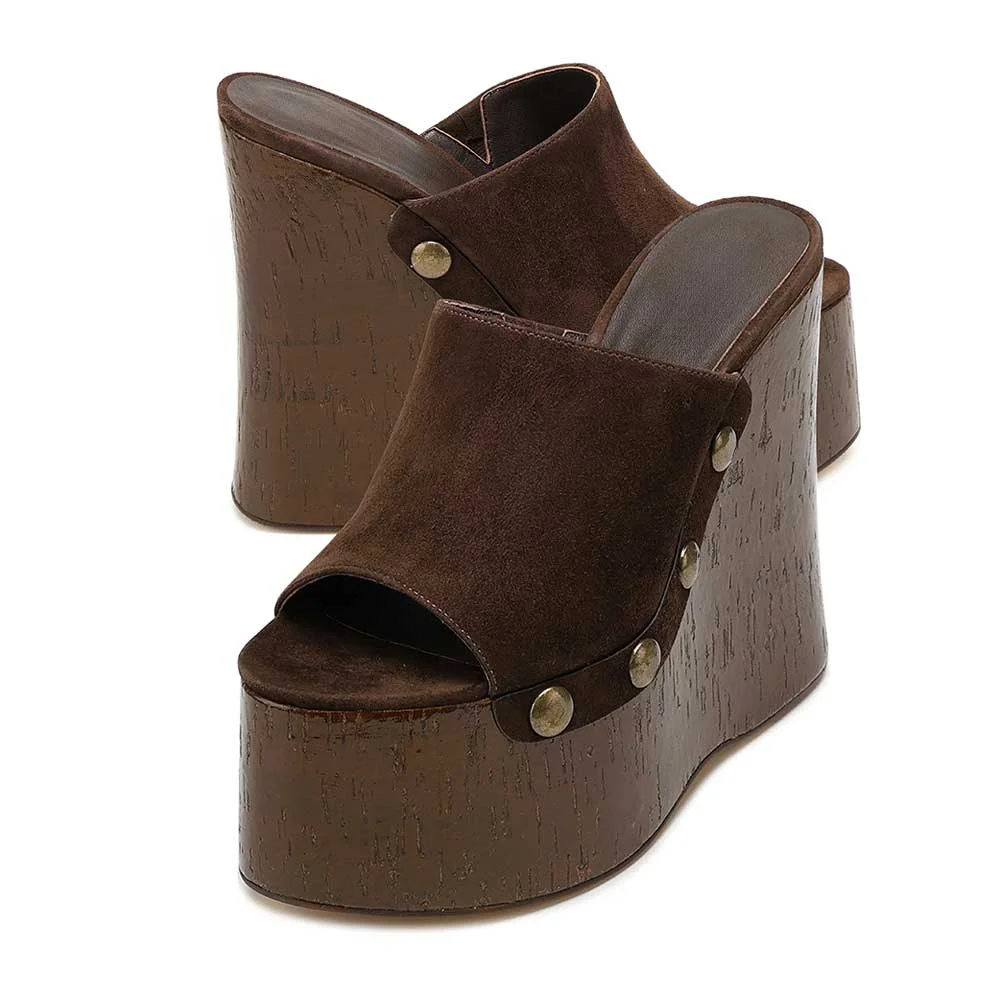 Chocolate Brown Studded Platform Wedge Heel Women's Mules Shoes
