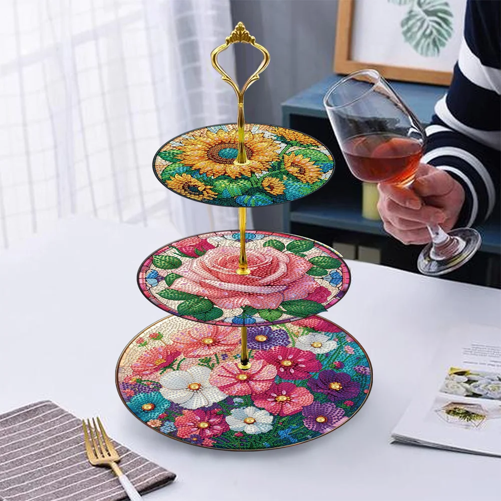 3 Tier Flower Round Diamond Painting Tray Food Plate for Adults Beginners