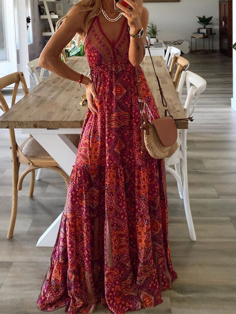 Celeste Boho Printed Strap Elastic Waist Maxi Dress