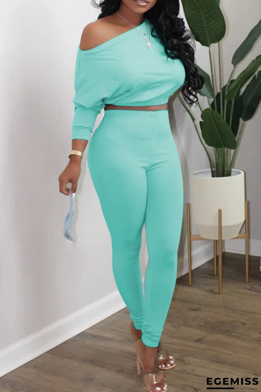 Cyan Fashion Casual Solid Basic Oblique Collar Long Sleeve Two Pieces | EGEMISS